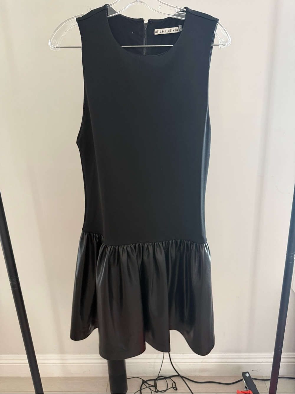 Alice and olivia black faux leather drop waste mini dress